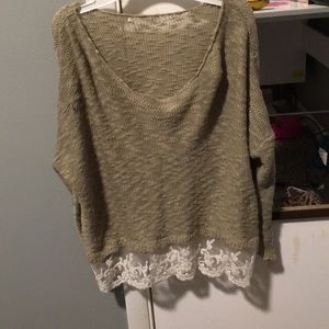 Tan stitching and white lace shirt